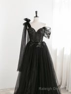 Sexy Black One Shoulder Tulle Sweetheart Sequins Party Dress, Black Evening Gown