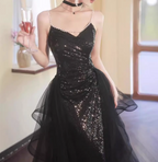 Sexy Black Spaghetti Strap V-Neck Split Sequined Tulle Long Formal Prom Dress