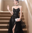 Sexy Black Spaghetti Strap V-Neck Split Sequined Tulle Long Formal Prom Dress