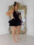 Black Sparking Short Cocktail Dress Back Open Tiered Sequin Graduation Gowns Parties Night