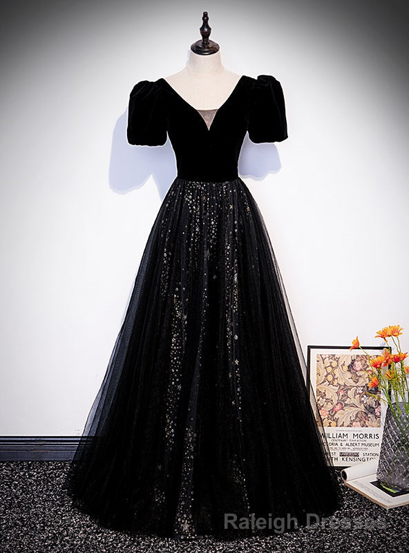 Sexy Black Tulle Sequins V Neck Short Sleeve Prom Dress Main image