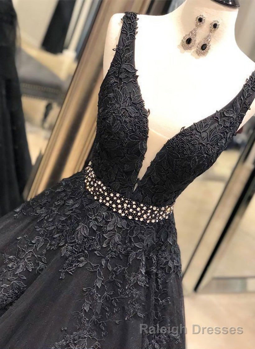 Sexy Black V Neck Tulle Long Prom Dress,Evening Dress Formal Wear Main image