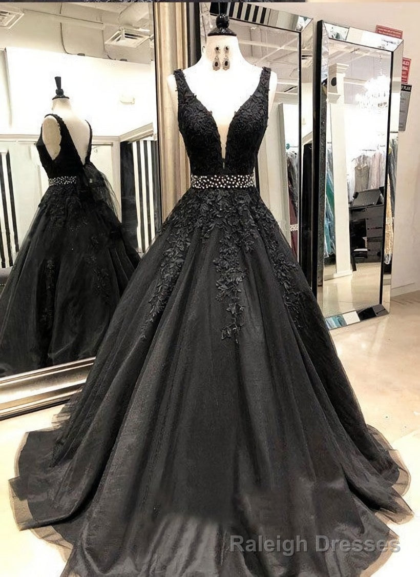 Sexy Black V Neck Tulle Long Prom Dress,Evening Dress Formal Wear Secondary image