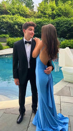 Blue Mermaid Prom Dress Open Back Long Prom Dresses
