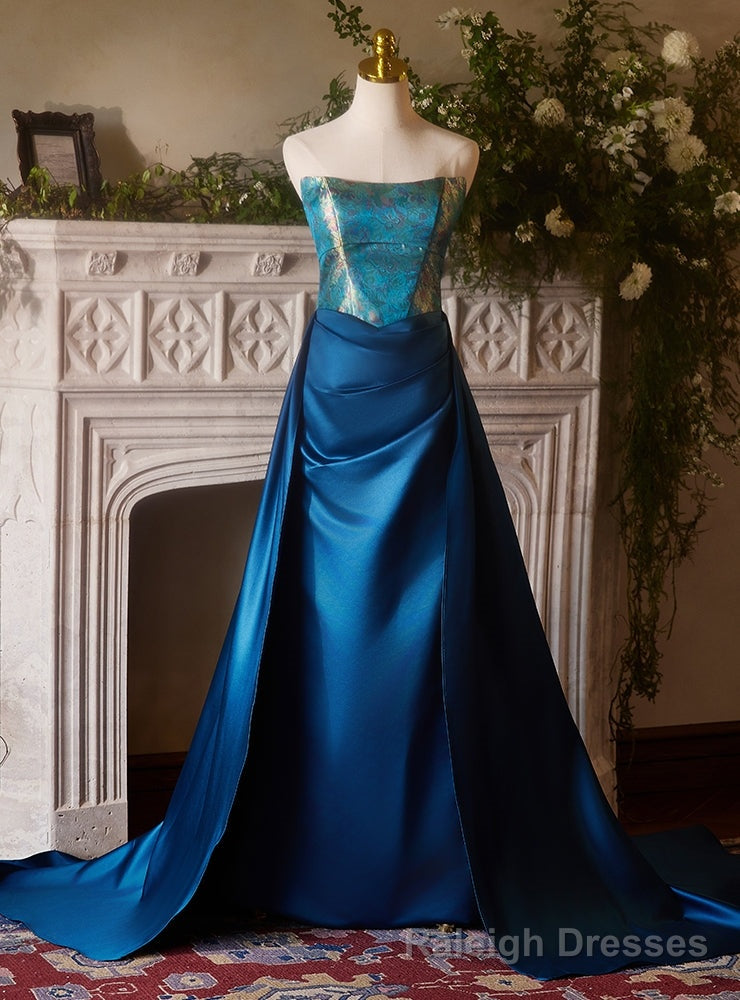 Sexy Blue Satin Strapless Pleats Prom Dress Main image