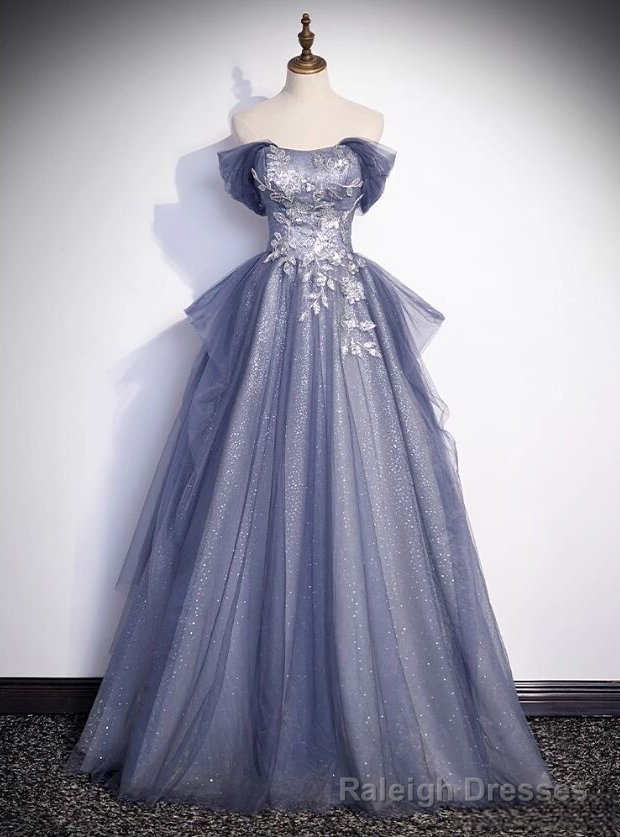 Sexy Blue Tulle Off the Shoulder Sequins Beading Prom Dress Main image