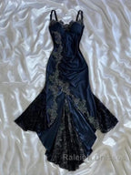 Bodycon Mermaid Straps Long Navy Blue Lace Prom Dresses