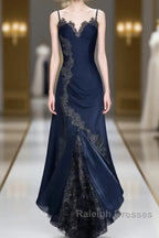 Sexy Bodycon Mermaid Straps Long Navy Blue Lace Prom Dress Party Dresses