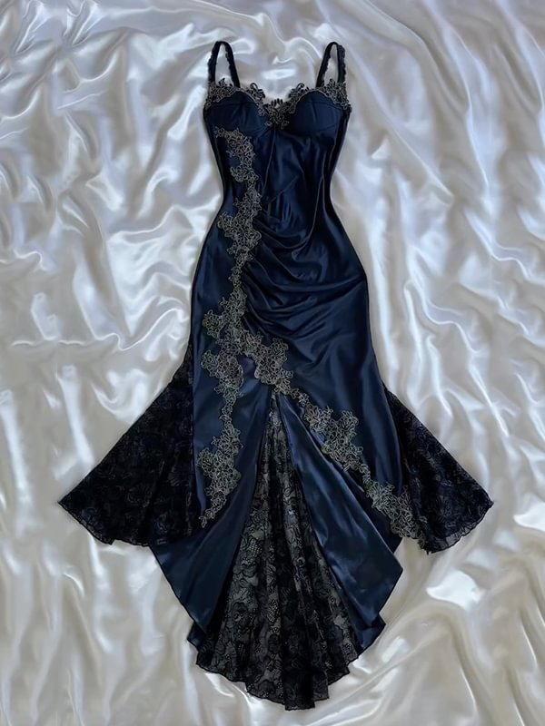 Bodycon Mermaid Straps Long Navy Blue Lace Prom Dresses Prom Dress Main image