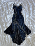 Bodycon Mermaid Straps Long Navy Blue Lace Prom Dresses Prom Dress