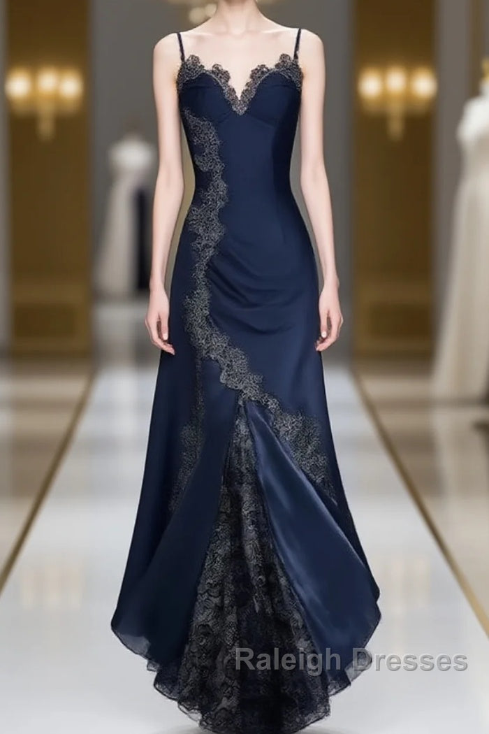 Bodycon Mermaid Straps Long Navy Blue Lace Prom Dresses Main image