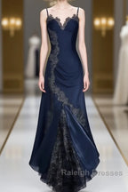 Bodycon Mermaid Straps Long Navy Blue Lace Prom Dresses