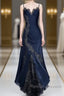 Bodycon Mermaid Straps Long Navy Blue Lace Prom Dresses