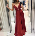 Sexy Burgundy A-Line V-Neck Cross Back Shimmer Satin Long Formal Prom Dress