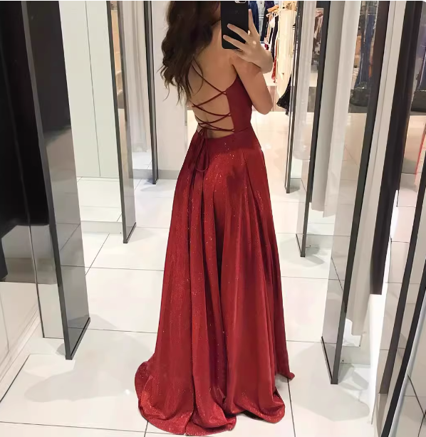 Sexy Burgundy A-Line V-Neck Cross Back Shimmer Satin Long Formal Prom Dress Main image