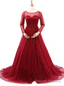 Sexy Burgundy Long Sleeve Tulle Pearls Wedding Dress