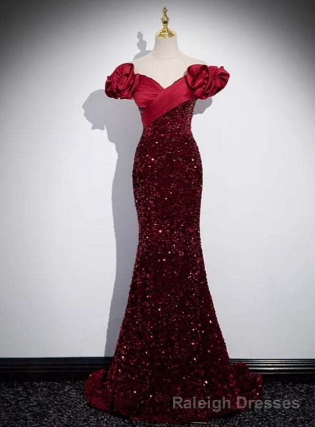 Sexy Burgundy Mermaid Satin Off the Shoulder Pleats Prom Dress Main image