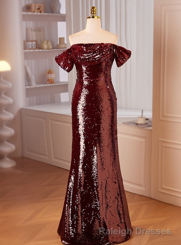 Sexy Burgundy Mermaid Sequins Off the Shoulder Prom Dress Main image