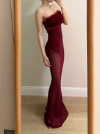 Sexy Burgundy Mermaid Strapless Mesh Long Formal Prom Dress