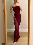 Sexy Burgundy Mermaid Strapless Mesh Long Formal Prom Dress