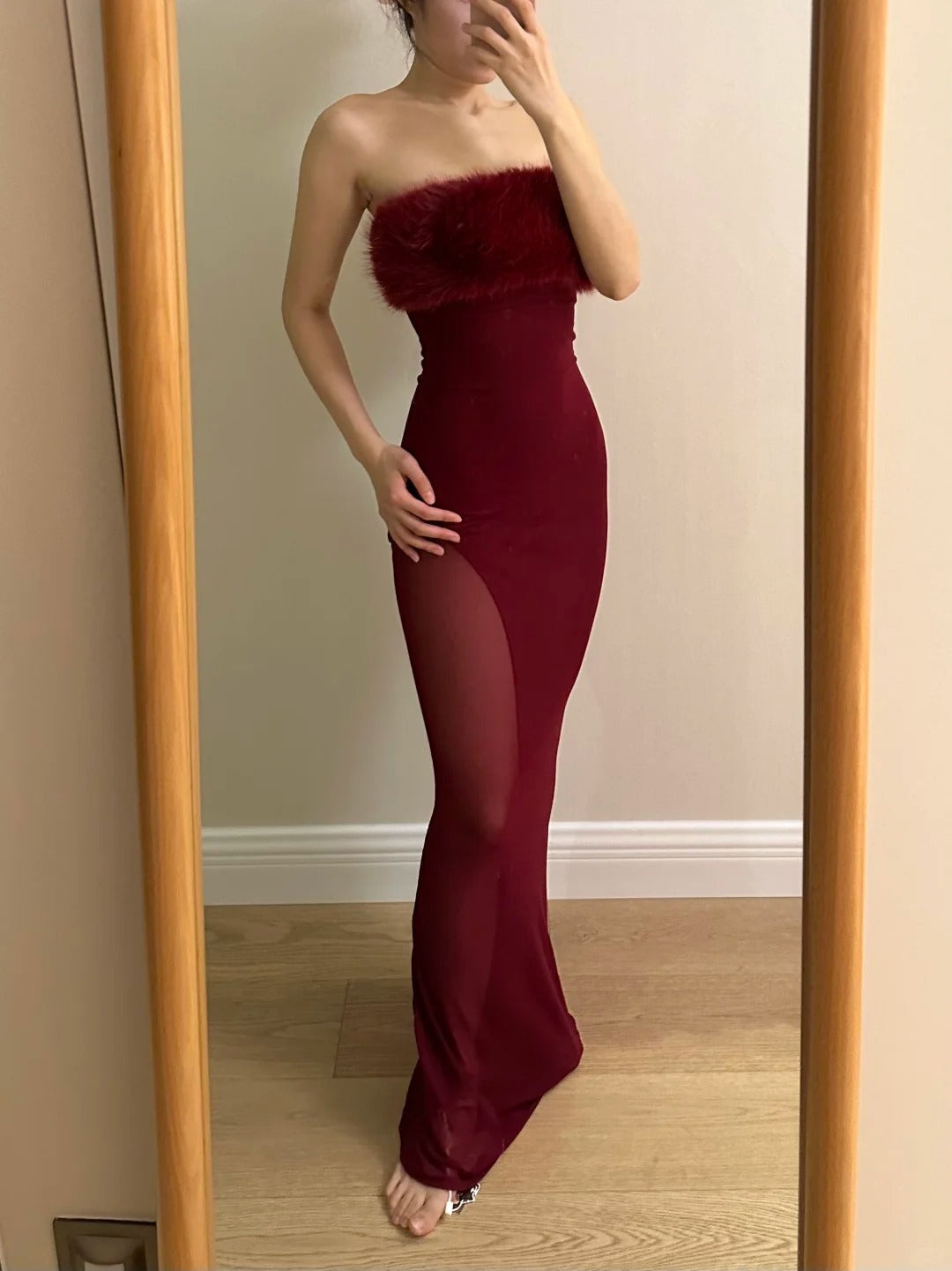 Sexy Burgundy Mermaid Strapless Mesh Long Formal Prom Dress