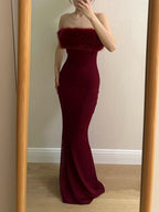 Sexy Burgundy Mermaid Strapless Mesh Long Formal Prom Dress