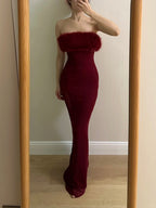 Sexy Burgundy Mermaid Strapless Mesh Long Formal Prom Dress
