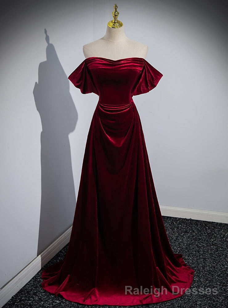 Sexy Burgundy Velvet Off the Shoulder Pleats Prom Dress Main image