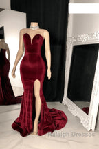 Sexy Burgundy Velvet Wedding Guest Dress V Neck Mermaid Prom Dresses
