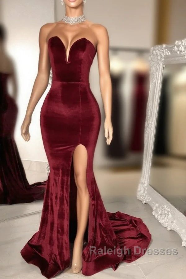 Sexy Burgundy Velvet Wedding Guest Dress V Neck Mermaid Prom Dresses Main image