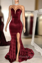 Sexy Burgundy Velvet Wedding Guest Dress V Neck Mermaid Prom Dresses