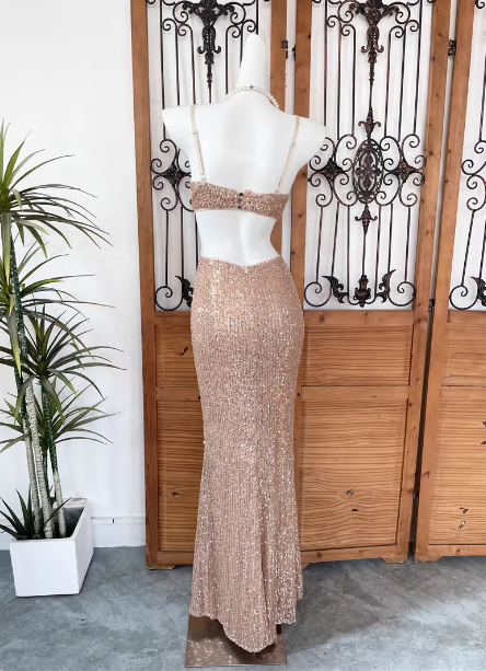 Sexy Champagne Pink Mermaid Spaghetti Strap Waist Cutout Sequin Long Formal Prom Dress