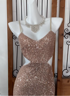 Sexy Champagne Pink Mermaid Spaghetti Strap Waist Cutout Sequin Long Formal Prom Dress