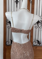 Sexy Champagne Pink Mermaid Spaghetti Strap Waist Cutout Sequin Long Formal Prom Dress