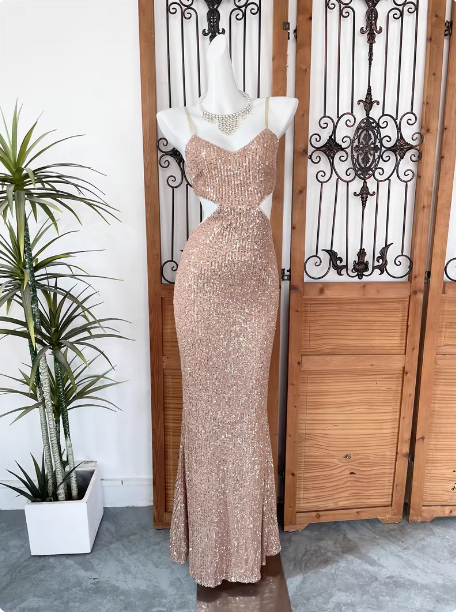 Sexy Champagne Pink Mermaid Spaghetti Strap Waist Cutout Sequin Long Formal Prom Dress Main image