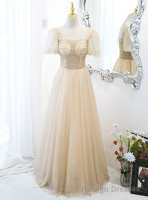 Sexy Champagne Tulle Pearls Puff Sleeve Prom Dress Main image