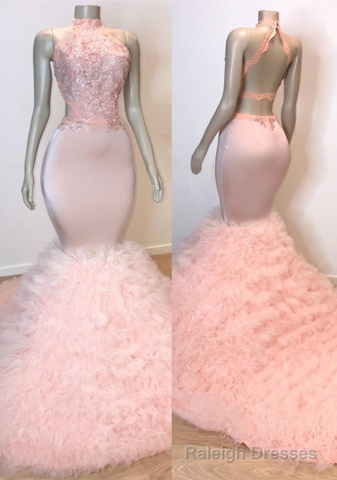 Sexy Chiffon High Collar Mermaid Prom Dress Sequins Pink Long Secondary image