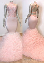 Sexy Chiffon High Collar Mermaid Prom Dress Sequins Pink Long