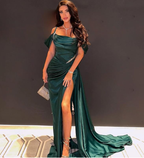 Sexy Dark Green Satin Mermaid Prom Dresses 2026 Spaghetti Straps Pleats Seep Train Formal Evening Occasion Pageant Gowns
