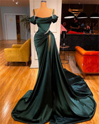 Dark Green Satin Mermaid Prom Dress 2026 Spaghetti Straps Pleats Seep Train Prom Occasion Pageant Gown