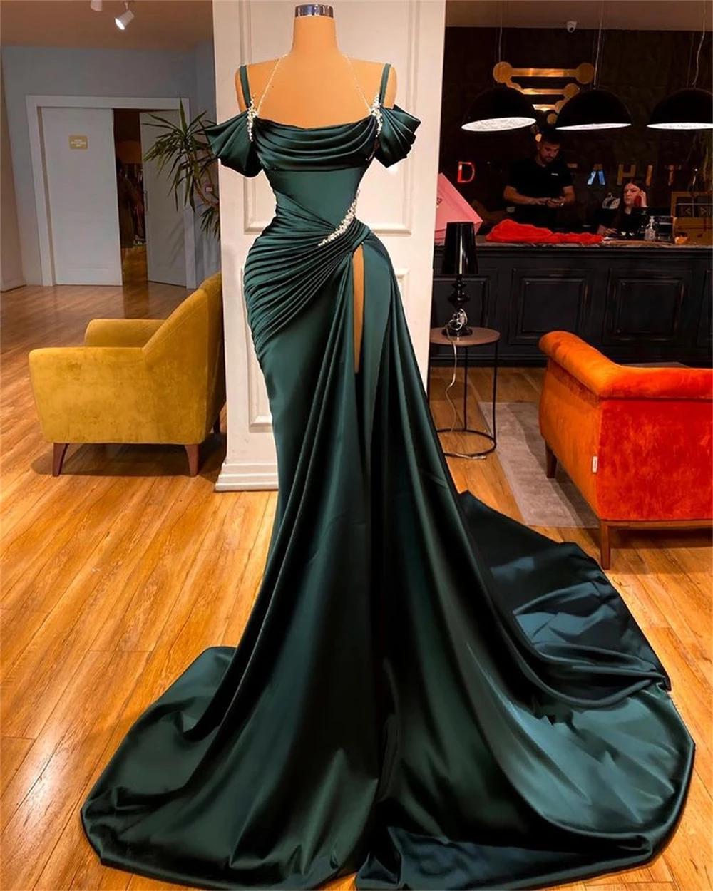 Sexy Dark Green Satin Mermaid Prom Dresses 2026 Spaghetti Straps Pleats Seep Train Formal Evening Occasion Pageant Gowns