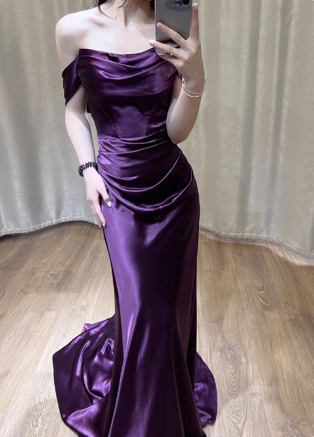 Sexy Deep Purple Mermaid Off-The-Shoulder Satin Long Formal Prom Dress Secondary image