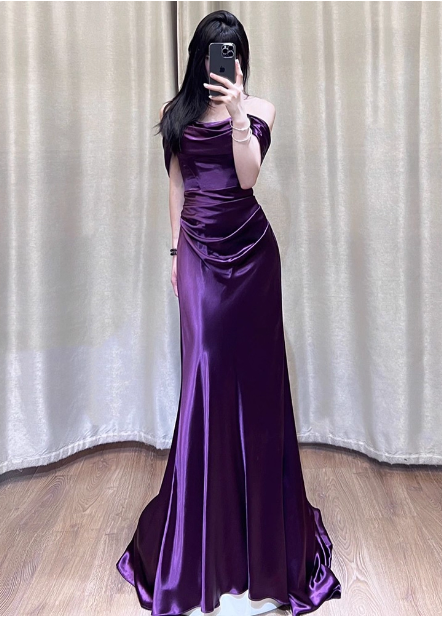 Sexy Deep Purple Mermaid Off-The-Shoulder Satin Long Formal Prom Dress Main image