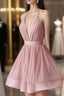 Sexy Deep V-Neck A-Line Backless Pink Homecoming Dresses Online,