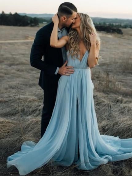 Deep V Neck Chiffon Prom Dresses Long Prom Dress