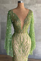 Deep V Neck Green Prom Dresses Full Sleeve Crystals Sequined Mermaid Fashion Prom Gowns Pageant Dress