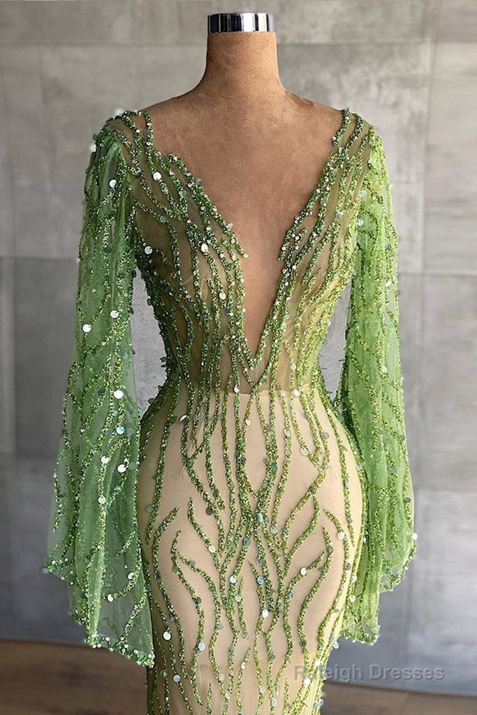 Deep V Neck Green Prom Dresses Full Sleeve Crystals Sequined Mermaid Fashion Prom Gowns Pageant Dress