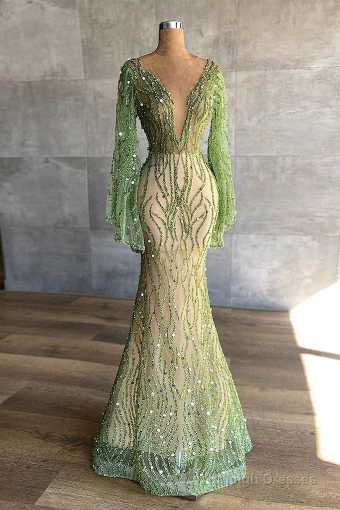 Sexy Deep V Neck Green Prom Dress Full Sleeve Crystals Sequined Mermaid Fashion Evening Gown Pageant Dresses Main image