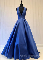 Deep V-Neck Long Satin Bow Back Prom Dress Floor Length Prom Gowns