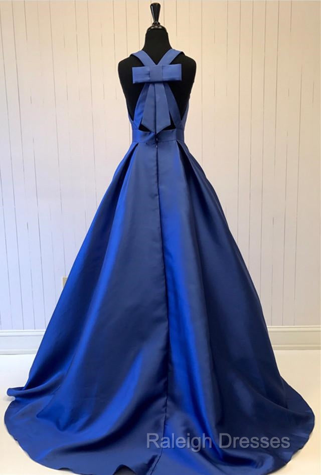 Deep V-Neck Long Satin Bow Back Prom Dress Floor Length Prom Gowns